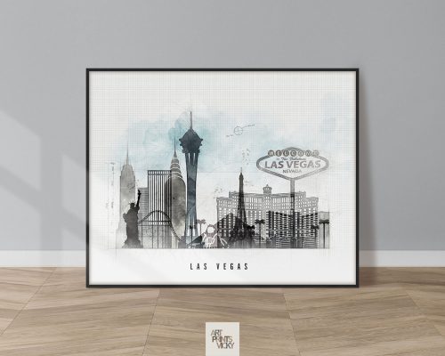 Art print featuring a stylized cityscape of Las Vegas with notable landmarks in black and white with watercolor accents.