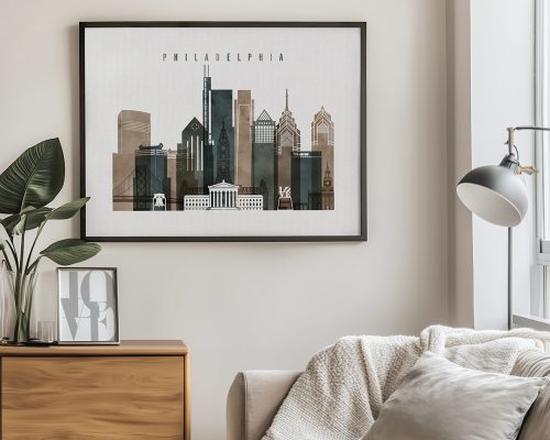 Framed print of Philadelphia's skyline featuring notable buildings in a minimalist design.