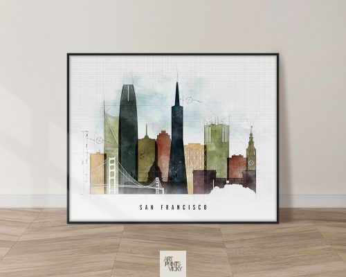 Art print featuring a stylized cityscape of San Francisco with notable buildings and the Golden Gate Bridge.