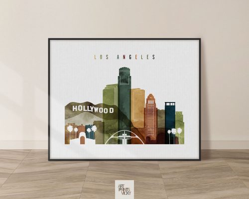 Art print featuring a stylized representation of Los Angeles buildings and landmarks.