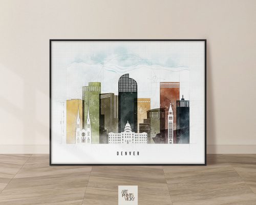 Artistic illustration of Denver's skyline featuring various buildings in muted colors.