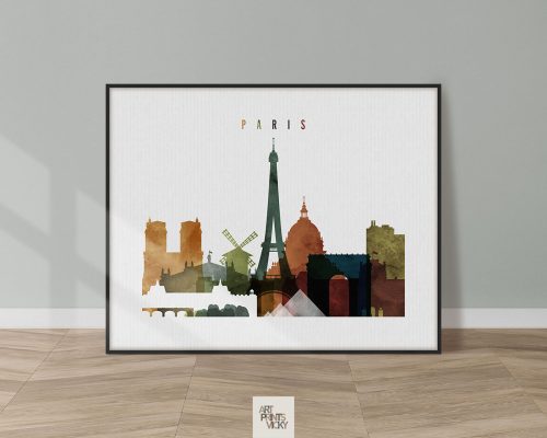 Art print featuring a stylized silhouette of Paris landmarks including the Eiffel Tower and windmill.