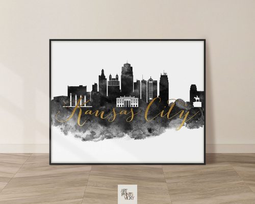 Black and gold silhouette of the Kansas City skyline with watercolor effects.
