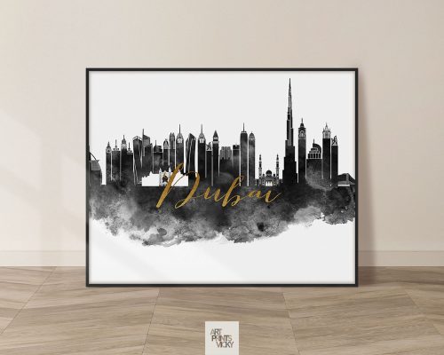 Black and gold silhouette of Dubai skyline with prominent buildings and the word 'Dubai' in gold.