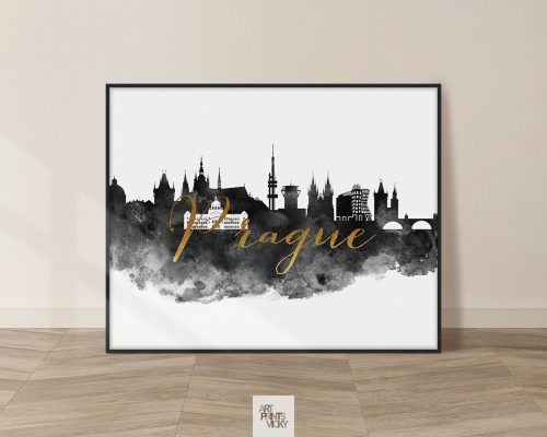 Art print featuring a silhouette of Prague's skyline with gold lettering.