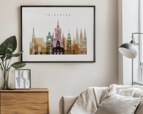 Art print featuring a stylized silhouette of Edinburgh's skyline with various architectural landmarks.