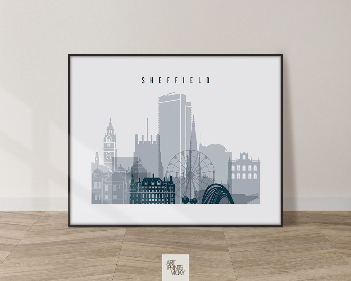 Art print featuring a stylized skyline of Sheffield with notable buildings and a Ferris wheel.