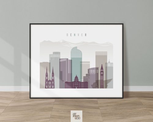 Illustration of Denver city skyline featuring various buildings and mountains in the background.