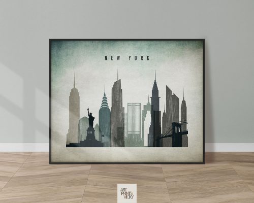 Art print featuring a silhouette of the New York City skyline with notable buildings and the text 'NEW YORK'.