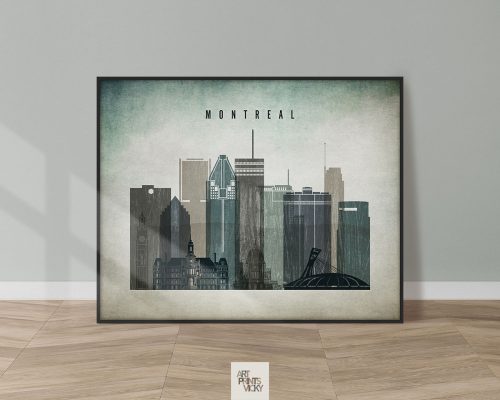 Art print of Montreal city skyline featuring various buildings and structures.
