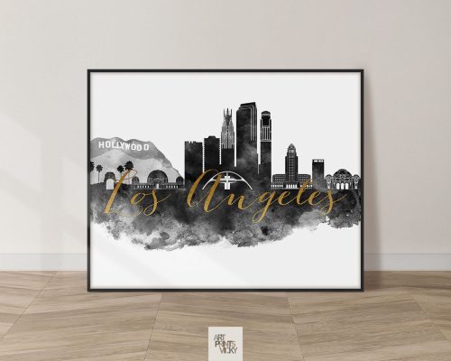 Art print featuring the Los Angeles skyline with the Hollywood sign in black and gold accents.