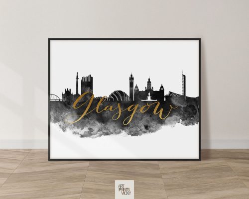 Art print featuring a silhouette of Glasgow's skyline with the word 'Glasgow' in gold lettering.