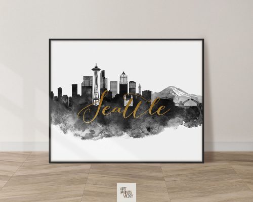 Black and white illustration of Seattle skyline with gold lettering of the city name.