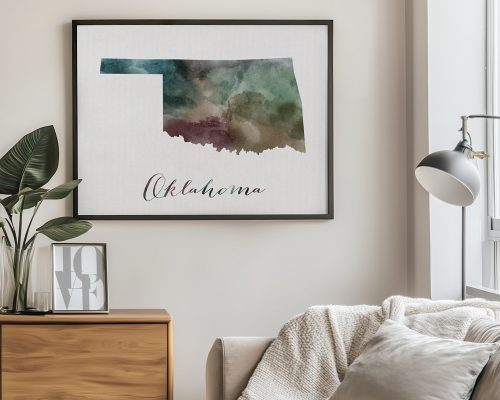 Watercolor artwork of the state of Oklahoma with the word 'Oklahoma' written below it.