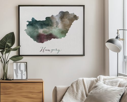 Watercolor illustration of the map of Hungary with a blend of colors and the word 'Hungary' at the bottom.