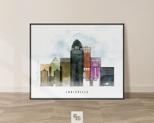 Artistic representation of Louisville's skyline with various building designs and colors.