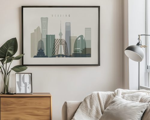 Framed artwork depicting a stylized skyline of Beijing with notable buildings.