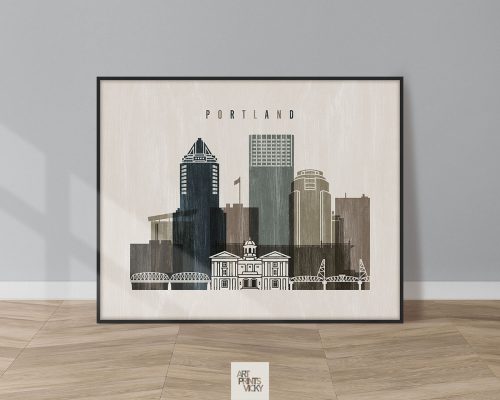 Illustration of Portland city skyline featuring various buildings and structures in a framed design.