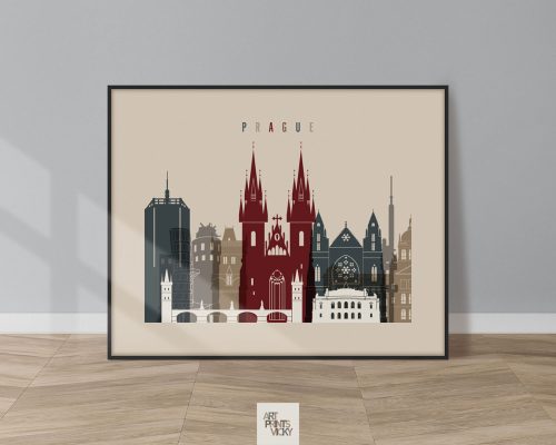 Illustration of Prague's skyline featuring notable buildings in various colors.