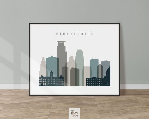 Silhouette of the Minneapolis skyline with various building shapes and heights in muted colors.