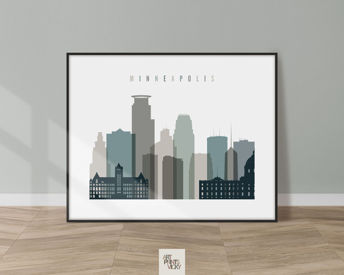 Silhouette of the Minneapolis skyline with various building shapes and heights in muted colors.