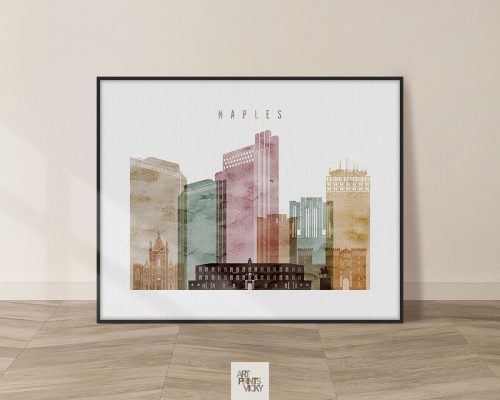 Art print featuring a stylized cityscape of Naples with buildings in various colors.