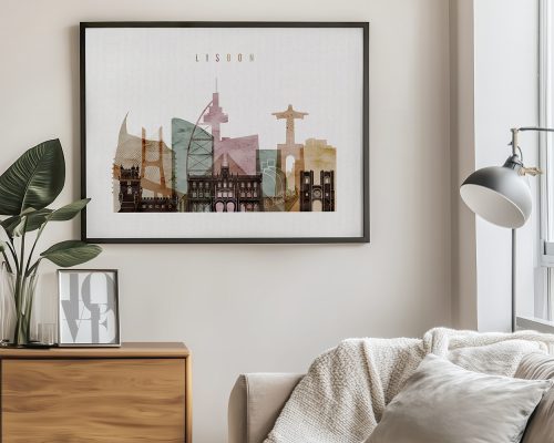 Art print featuring a stylized cityscape of Lisbon with notable landmarks in various colors.