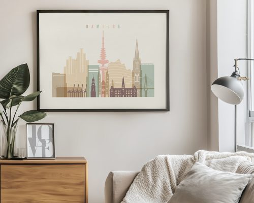 Illustrated cityscape of Hamburg featuring notable buildings and landmarks in soft colors.