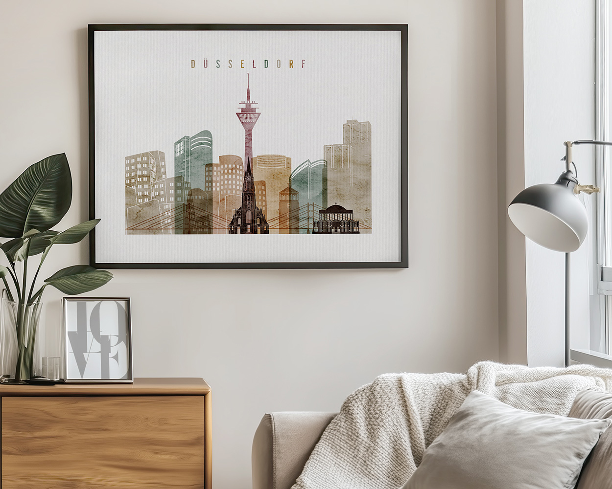 Art print of Düsseldorf city skyline featuring various buildings and the television tower.