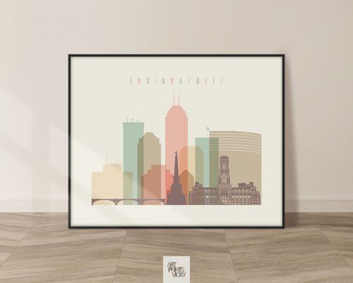 Illustration of Indianapolis skyline featuring various buildings and structures in soft colors.