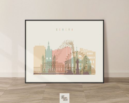 Art print featuring a stylized cityscape of Geneva with notable buildings and a Ferris wheel.