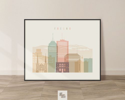 Art print featuring a stylized cityscape of Fresno with various buildings and mountains in the background.
