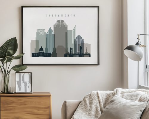 Illustration of the Sacramento city skyline featuring various building designs and heights.
