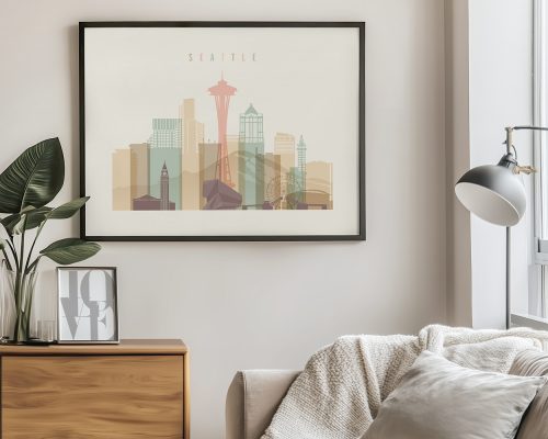 Framed artwork depicting a stylized cityscape of Seattle with the Space Needle.