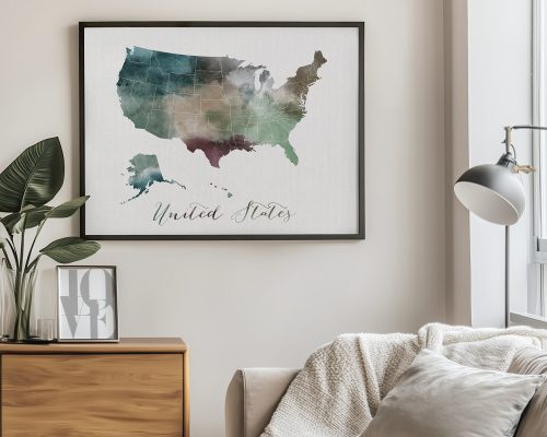 Framed map of the United States with a watercolor design in various colors.