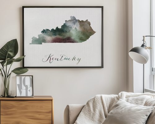 Art print featuring a watercolor silhouette of the state of Kentucky with the word 'Kentucky' underneath.