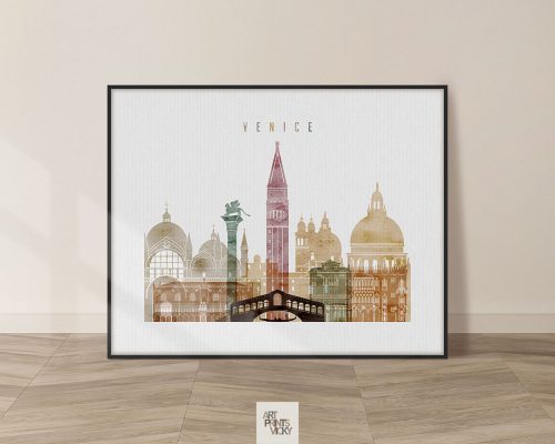 Art print featuring a stylized cityscape of Venice with notable landmarks and a bridge.