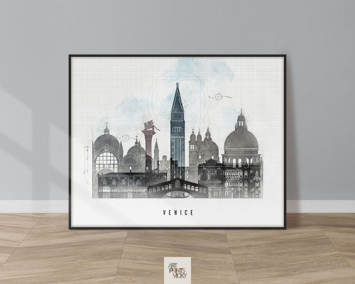 Art print featuring a stylized cityscape of Venice with notable landmarks and a muted color palette.