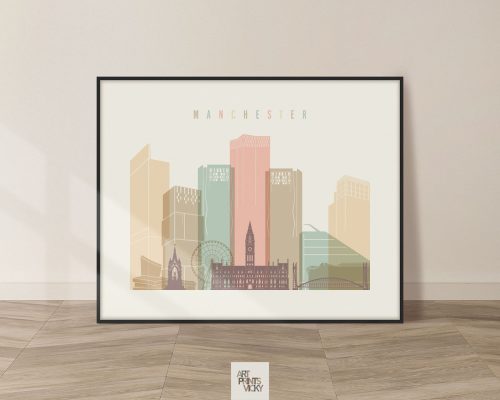 Illustration of Manchester's skyline featuring notable buildings and landmarks in pastel colors.