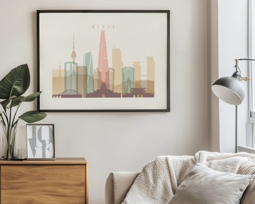 Framed artwork depicting a stylized cityscape of Seoul with notable buildings and structures.