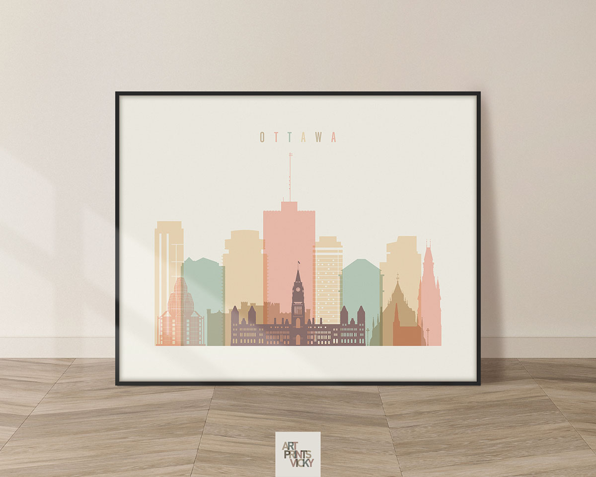 Illustration of Ottawa's skyline featuring various buildings in pastel colors.