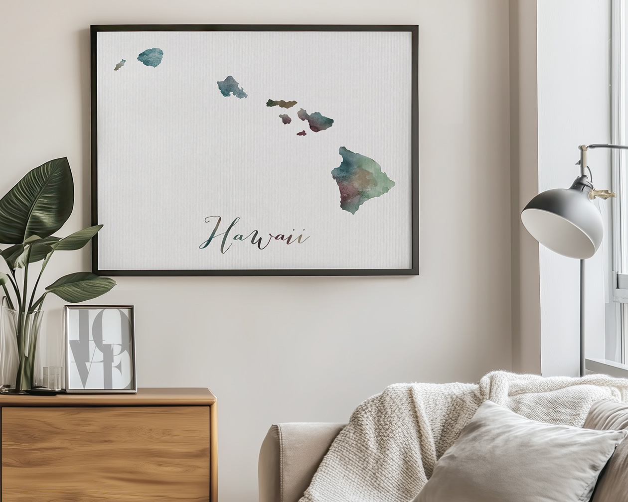 Watercolor map of Hawaii with the name 'Hawaii' written below in a cursive font.