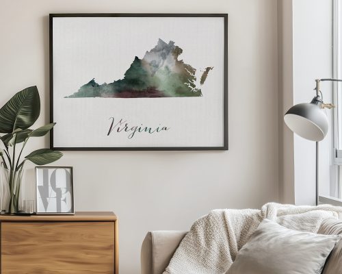 Watercolor silhouette of the state of Virginia with the word 'Virginia' beneath it.