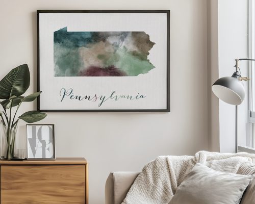 Watercolor map of Pennsylvania with a green and brown color scheme displayed in a framed format.