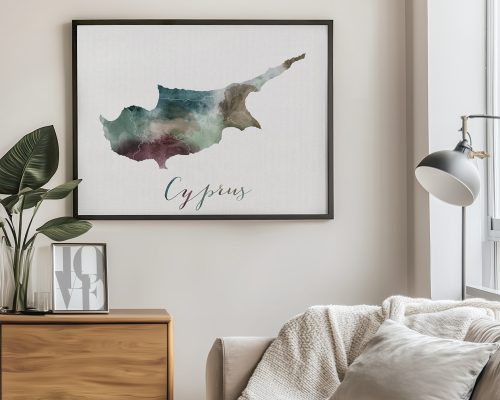 Art print of the map of Cyprus in abstract colors with the word 'Cyprus' beneath it.