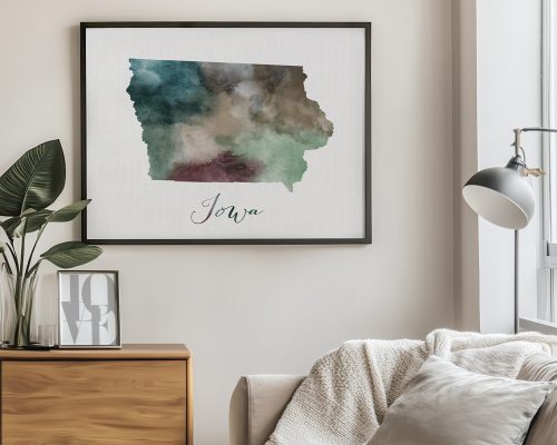 Framed watercolor map of Iowa with abstract colors and the word 'Iowa' written below.