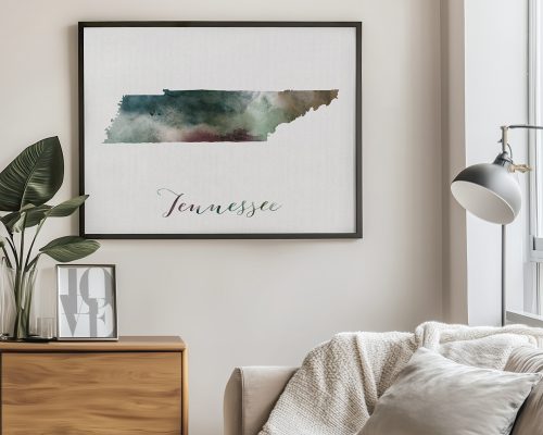 Framed artwork of the state of Tennessee with a watercolor effect and the word 'Tennessee' below it.