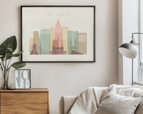 Art print of Sao Paulo cityscape featuring various buildings in muted colors.
