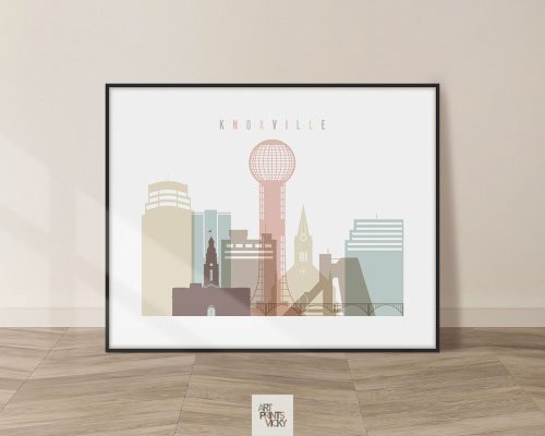 Illustration of Knoxville skyline featuring various buildings and structures in muted colors.