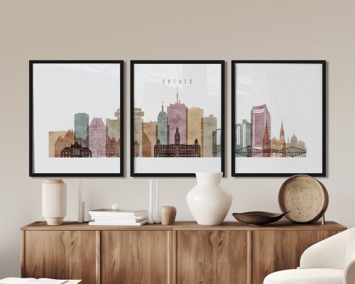 Three framed art prints depicting a stylized cityscape of Quebec with buildings and skyline elements.